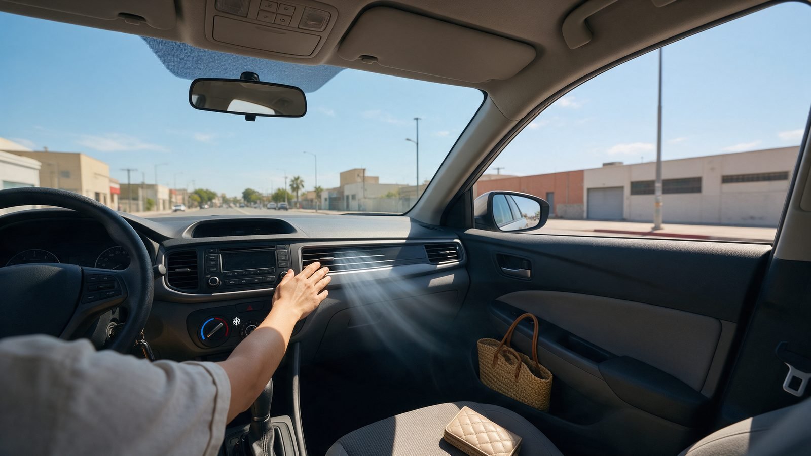 Driver holding a hand to a dashboard vent while the air conditioning runs, with the temperature control turned to cold