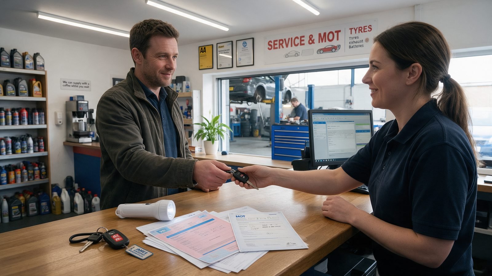 Customer handing car keys across a Cardiff garage reception desk with service and MOT paperwork