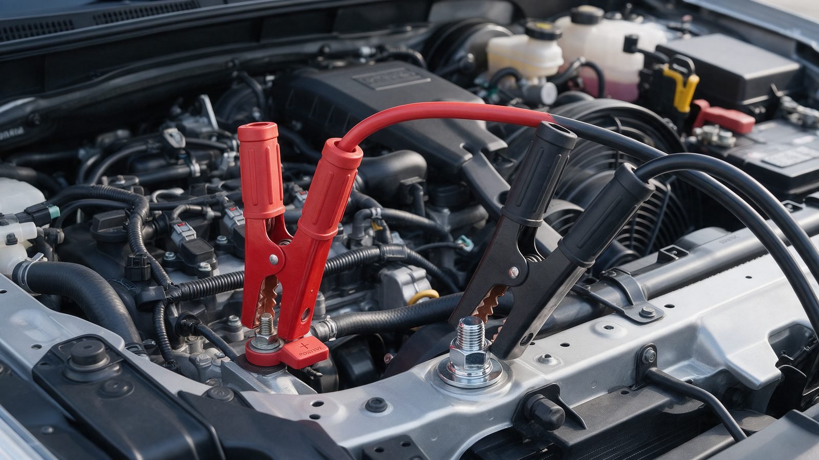 Jump leads clamped to the marked positive jump point and earth stud of a modern engine bay