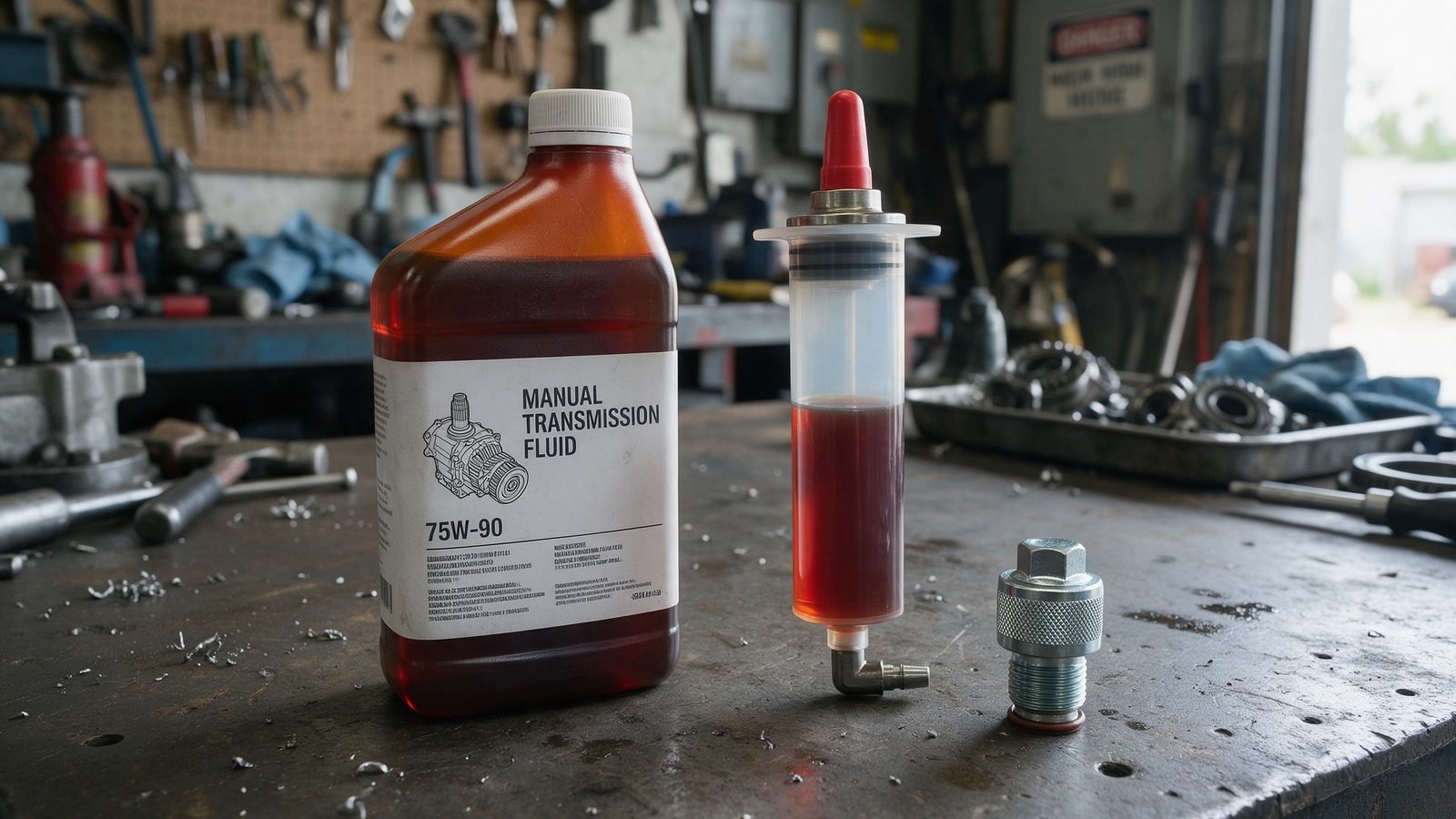 Manual transmission fluid, a filling syringe and a removed gearbox filler plug on a workshop bench