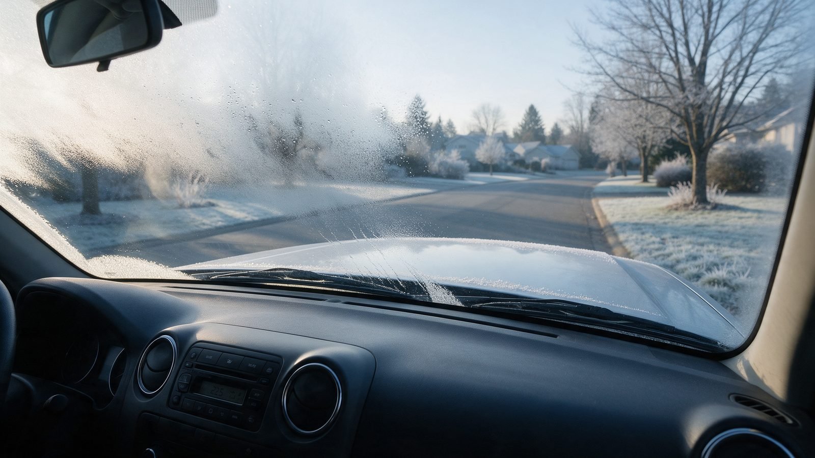 Misted car windscreen clearing from the bottom upwards with the air conditioning and demister switched on in cold weather
