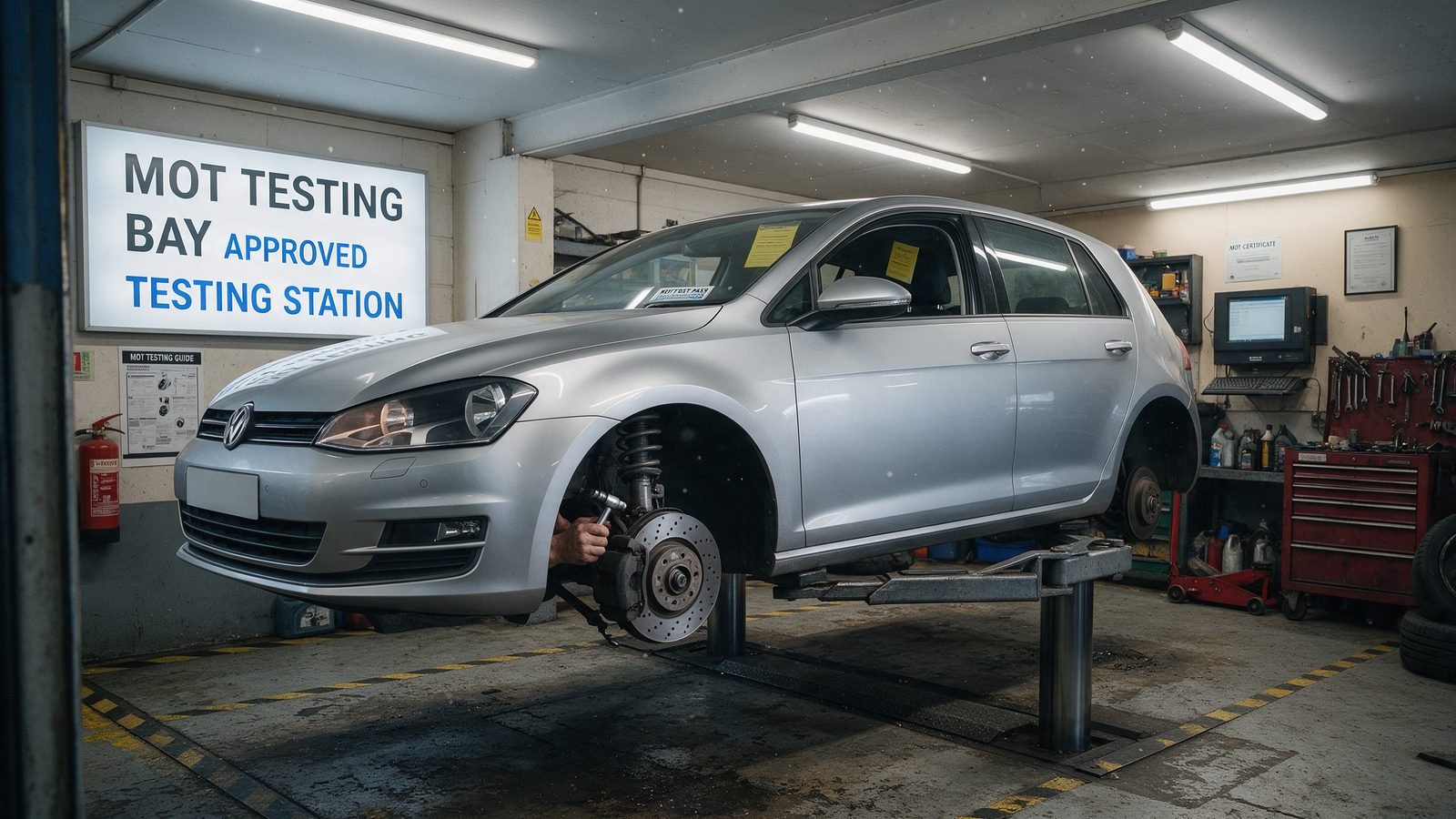 Technician checking front suspension and brake discs on a car raised on a ramp in a Cardiff MOT bay
