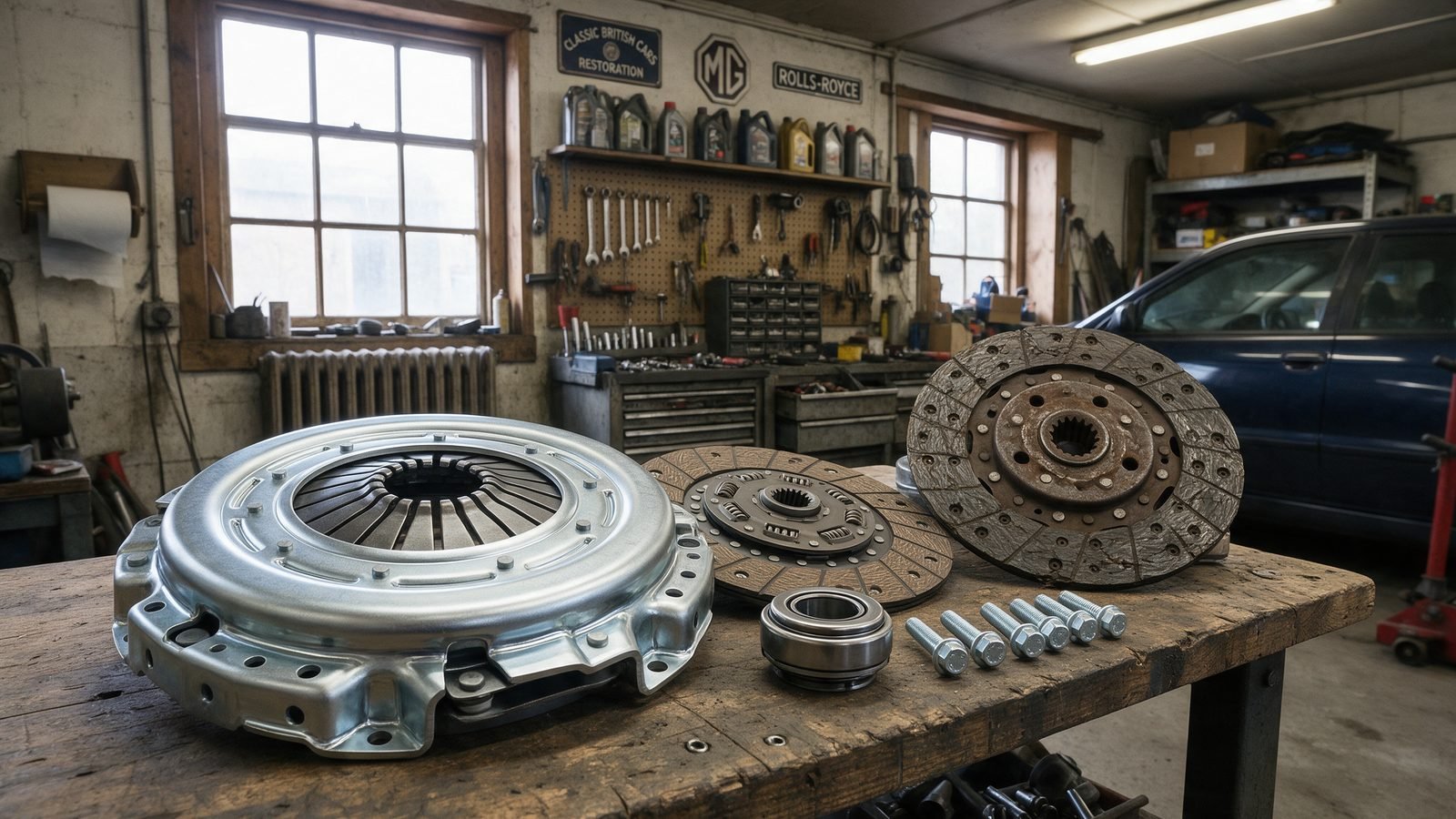 New clutch kit, release bearing and flywheel bolts laid out on a workbench beside the old worn clutch disc