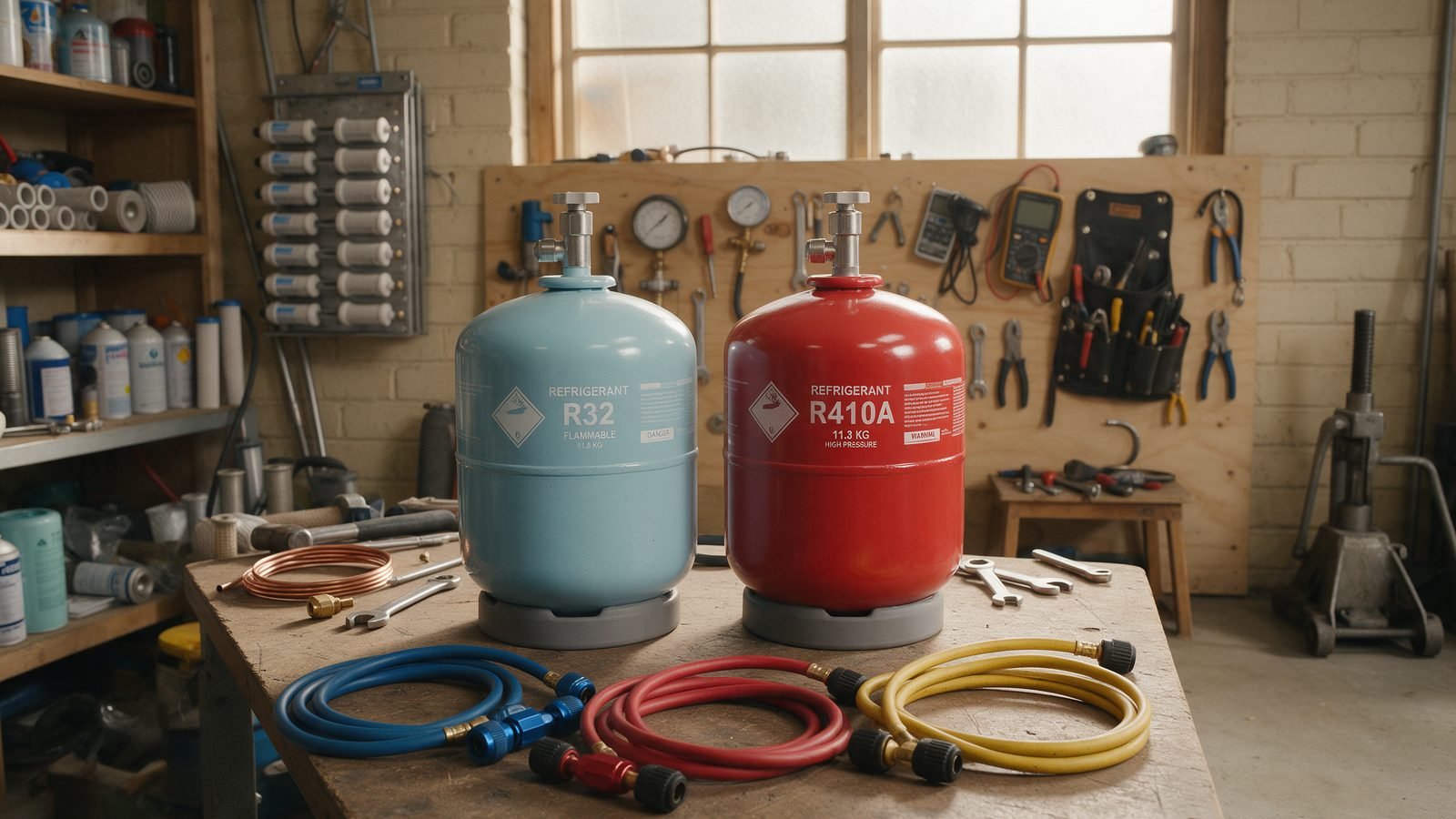 Two refrigerant cylinders side by side in a workshop, one labelled R134a and one labelled R1234yf, with service hoses coiled nearby