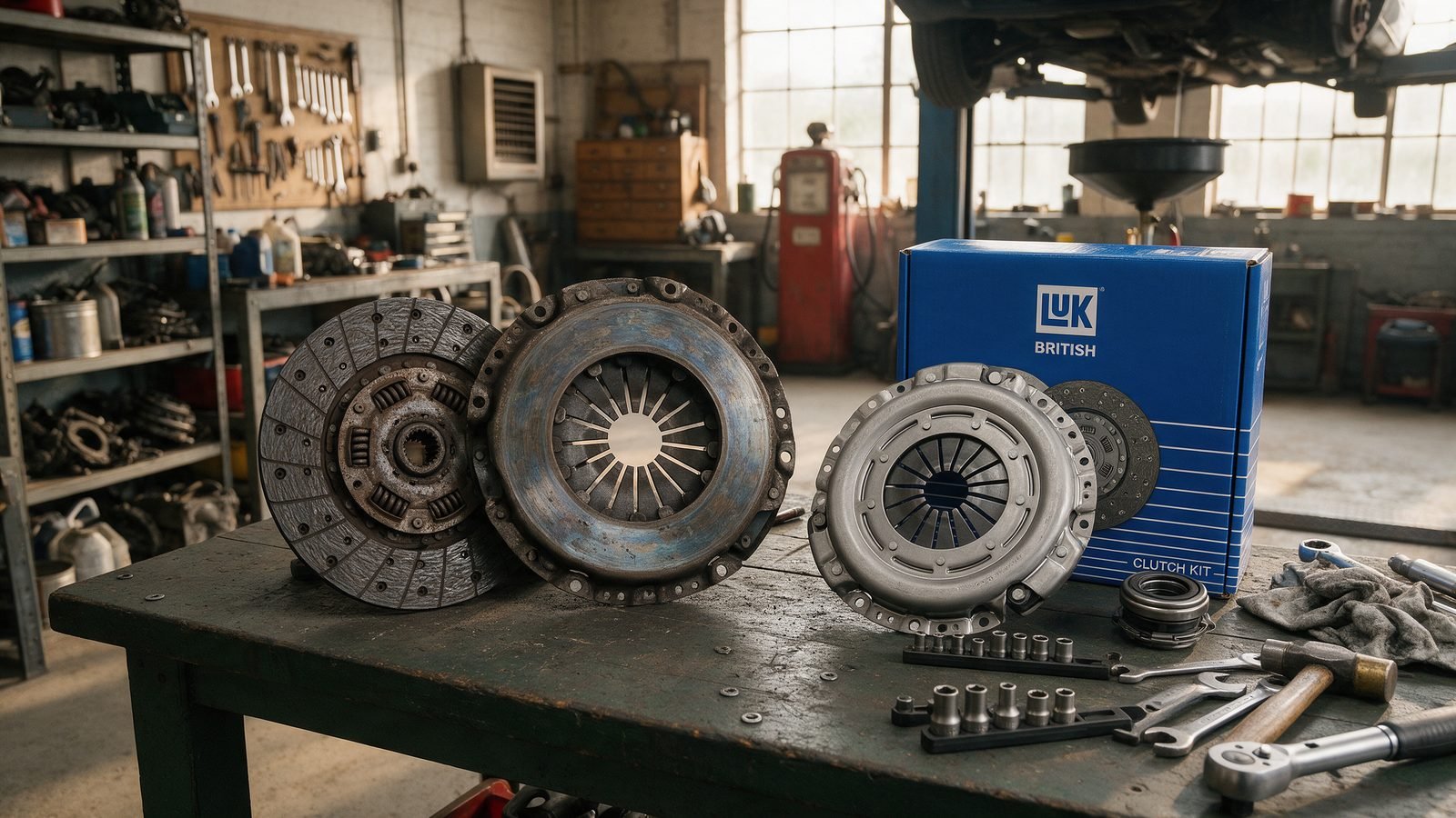 Worn clutch friction plate and pressure plate beside a new clutch kit and release bearing on a workbench