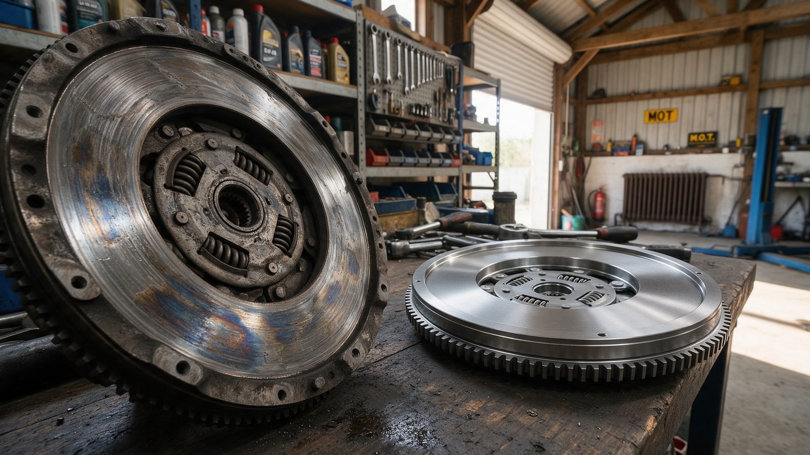 Close up of a dual mass flywheel friction face showing heat discolouration and scoring next to a new replacement flywheel